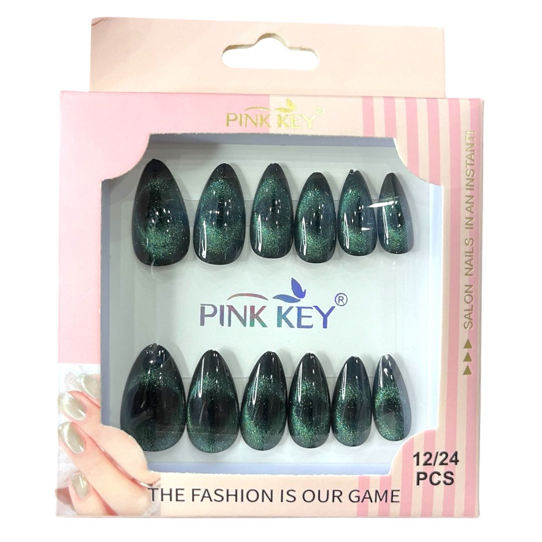 Black Green Short Almond Magnetic Holographic Nails