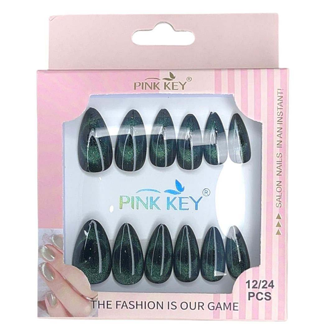Black Green Short Almond Magnetic Holographic Nails