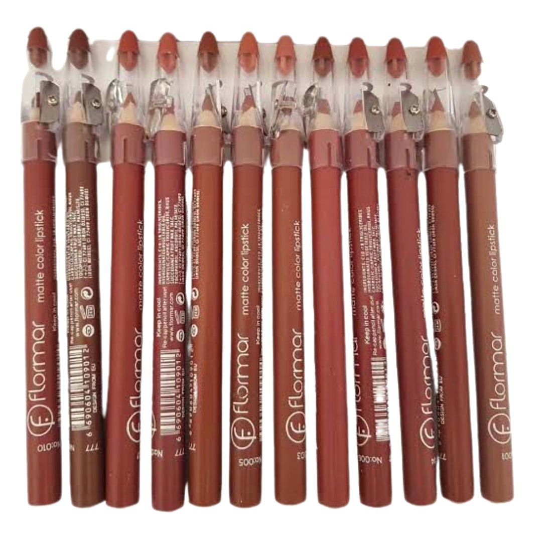 Flormar Lip Pencils Pack of 12 - Matte Color, Long-Lasting Precision