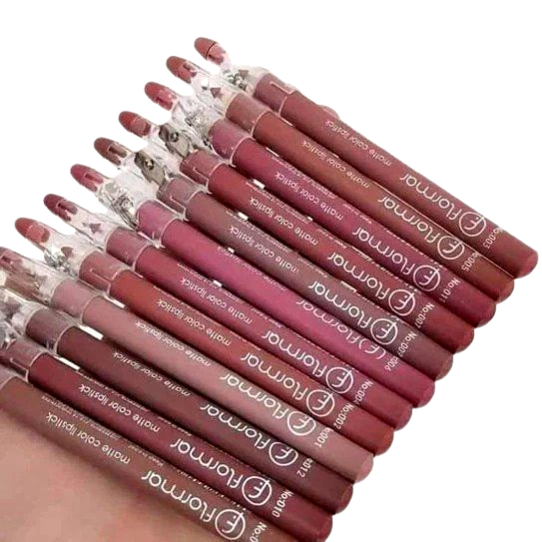 Flormar Lip Pencils Pack of 12 - Matte Color, Long-Lasting Precision