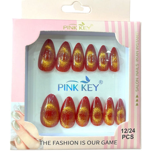 Red Golden Short Almond Magnetic Holographic Nails